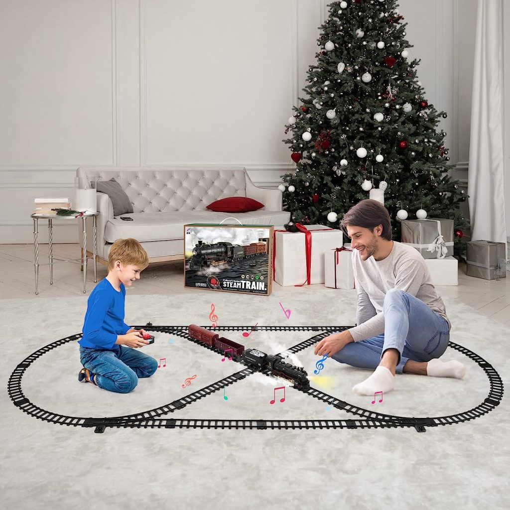Train Set with Remote Control,Electric Train Track Around Christmas Tree W/Cargo Vehicle,Light  Sounds,Alloy Steam Locomotive Engine Train Toy Gift for Boys Girls 4 5 6 7 8 9