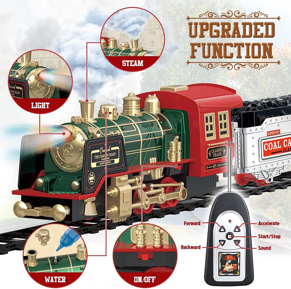 Christmas Electric Train Set with Steam, Sound  Light, Remote Control Train Toys w/Steam Locomotive Engine, Cargo Cars  Tracks, Toy Train w/Rechargeable Battery for Kids Boys 3 4 5 6 7 8 Year Old