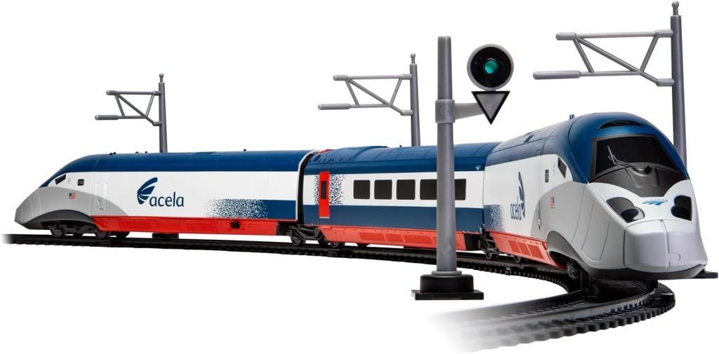 Hornby Amtrak Acela NEC High-Speed Service OO Battery Powered Model Train Set HO Track HR1400, Blue  Gray