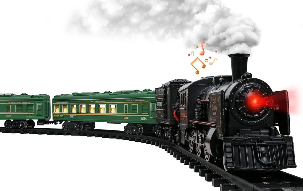 Hot Bee Model Train Set for Boys - Metal Alloy Electric Trains w/Steam Locomotive,Passenger Carriages  Tracks,Train Toys w/Smoke,Sounds  Lights,Christmas Toys Gifts for 3 4 5 6 7+ Years Old Kids