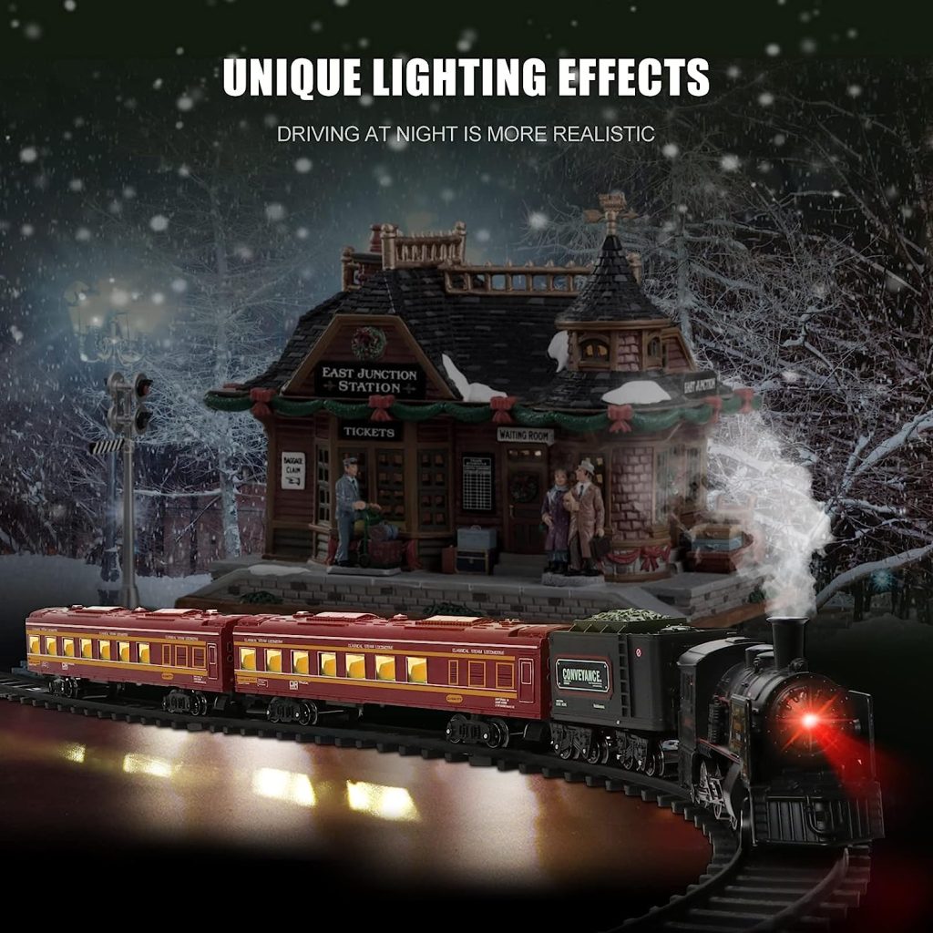 Hot Bee Model Train Set for Boys - Metal Alloy Electric Trains w/Steam Locomotive,Passenger Carriages  Tracks,Train Toys w/Smoke,Sounds  Lights,Christmas Toys for 3 4 5 6 7+ Years Old Kids
