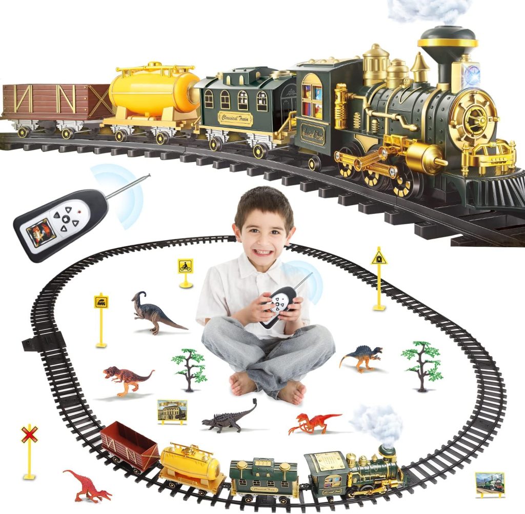 JUQU Train Sets for Boys,Remote Control Electric Train Toys with Dinosaurs Battery-Powered Steam Locomotive Engine with Sounds and Light, CarriagesTracks,Xmas Gifts for Age 3 4 5 6 7 8+Kids