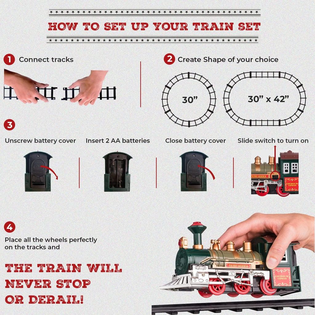 Kids Train Set - Electric Train Toy for Boys 2-4 w/Lights  Sound, Railway Kits w/Steam Locomotive Engine, Cargo Cars, 4 Horses  Tracks, for 4-7