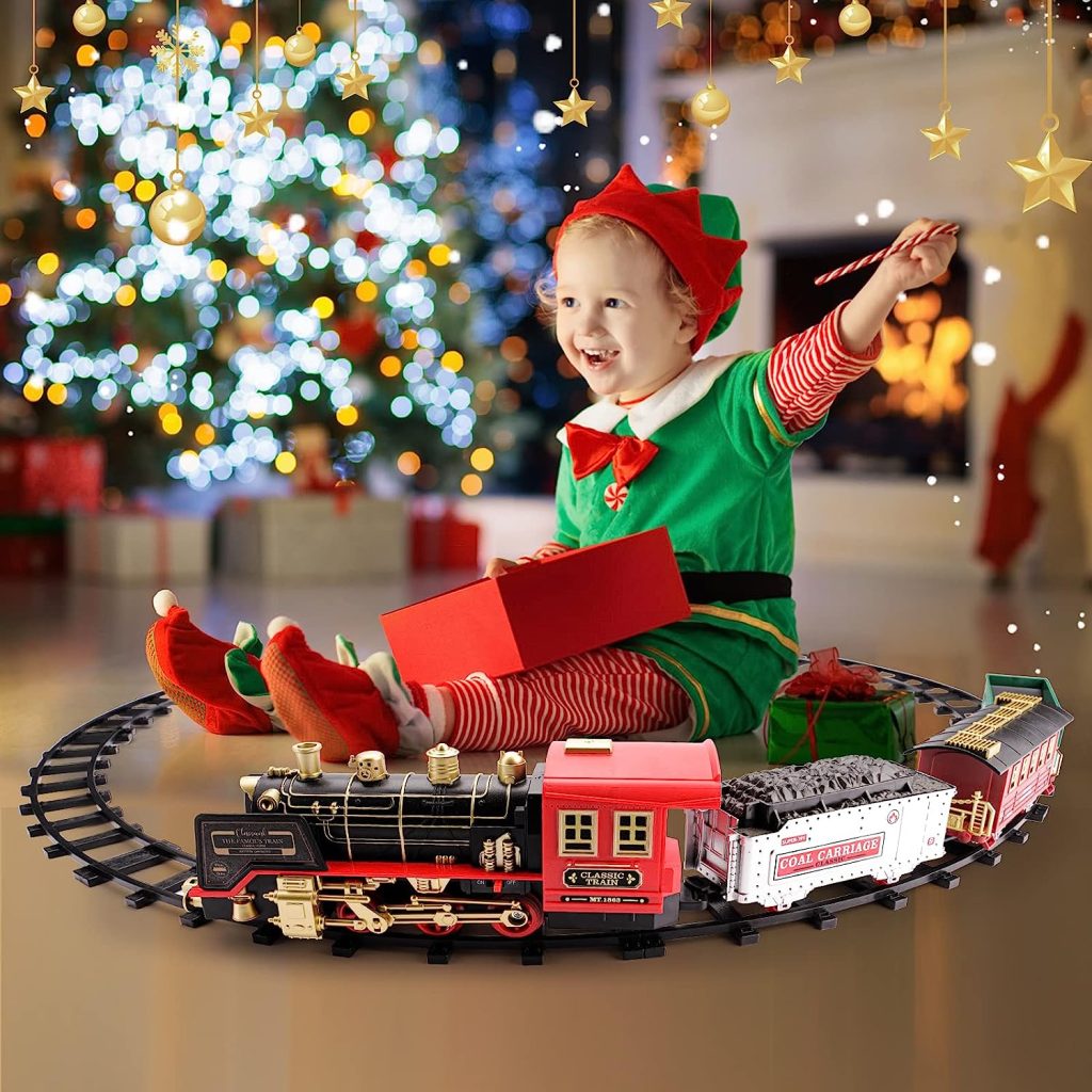 LZZAPJ Train Set with Steam Locomotive, Toddler Electric Train Toy with Rechargeable Battery, Railway Kit, Light  Sound, Train Tracks Birthday for Kids Boys Girls 3 4 5 6 7 8 Year Old