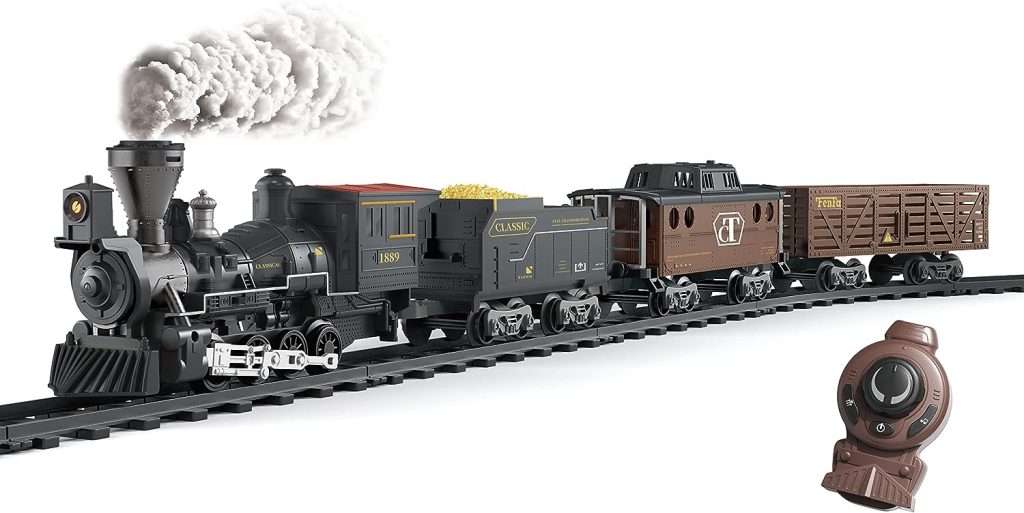 OLIUGEI Electric Train Set Steam Train Toys for Boys with Remote Control Christmas Train for Under The Trees Locomotive with Smokes,Light  Sounds, for 3 4 5 6 7+ Years Old Kids