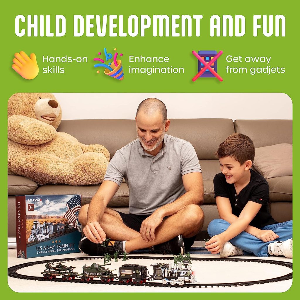 USA Train Set for Kids - Includes Toy Train, Helicopter, Tank, Soldiers, and Train Tracks - Military Toy Train Set for Boys Ages 3,4,5,6,7,8 - Birthday/Xmas Gift for Kids 3-8 Years