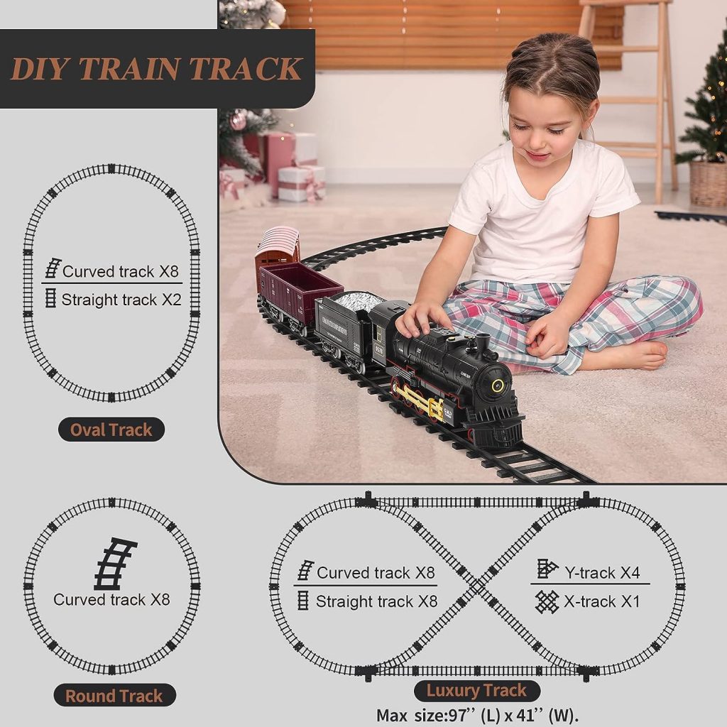 Train Set for Kids,Remote Control Steam Locomotive Train Toy with Cargo Vehicle,Long Train Track Around Christmas Tree,Battery-Powered Toys Gift for Boys Girls