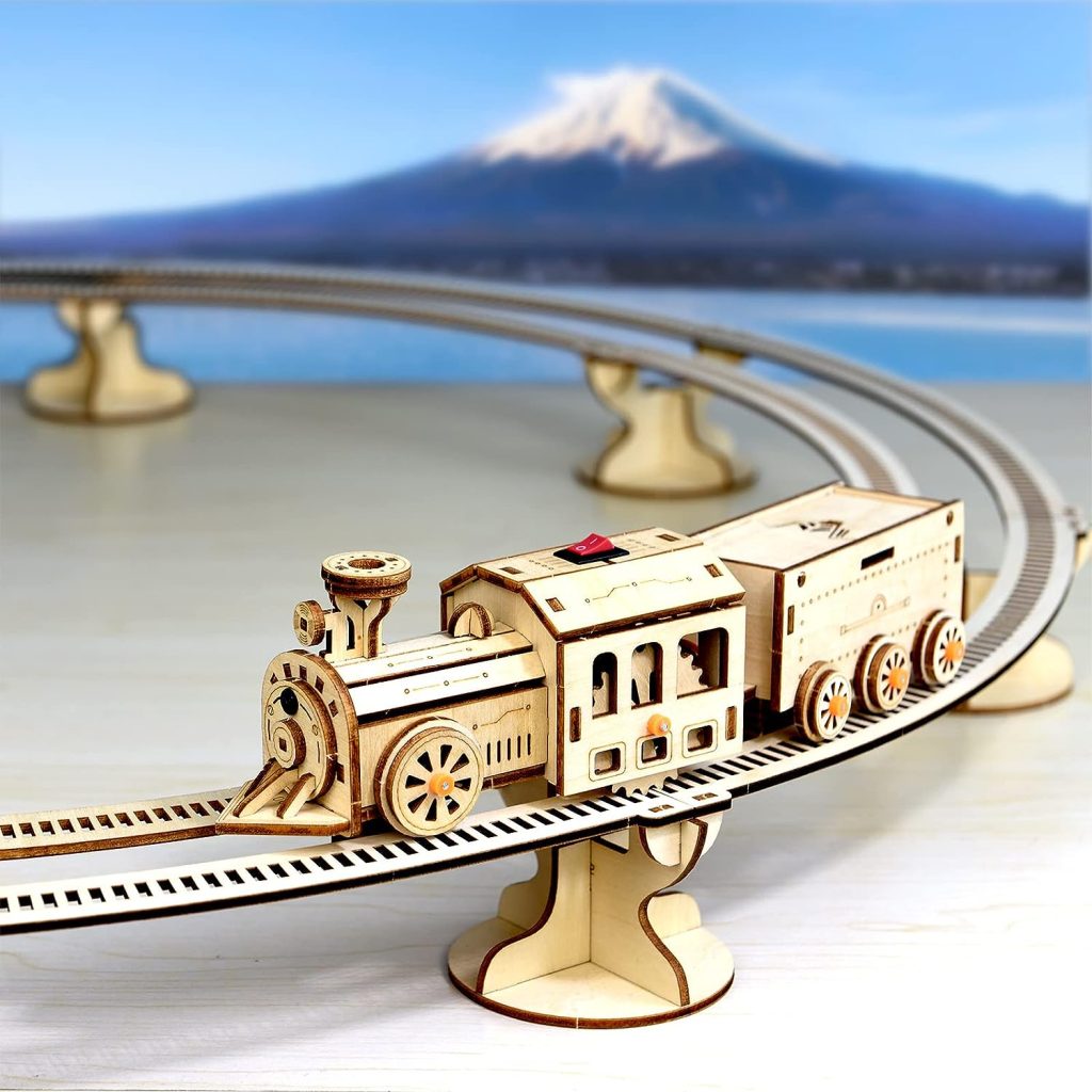 UGUTER 3D Wooden Puzzle Electric Train Set Running Track Railway Mechanical Locomotive DIY Models Fun Toy Birthday Gift for Adults and Kids (Littel Train  Track)