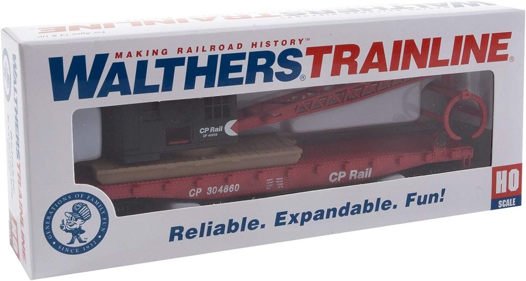 Walthers Trainline HO Scale Model Flatcar with Logging Crane - Canadian Pacific 304860, Red, Black, Multimark Logo