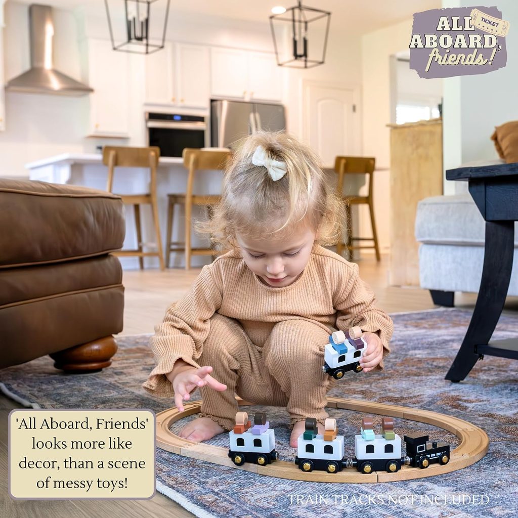 Wooden Train Set - Multicultural Smiley Figurines, Gold Wheels, Black  White Wooden Train Cars, | Fits w/Wooden Train Track Sets | Toddler Magnetic Kids Train Set Wooden Toys | All Aboard, Friends!
