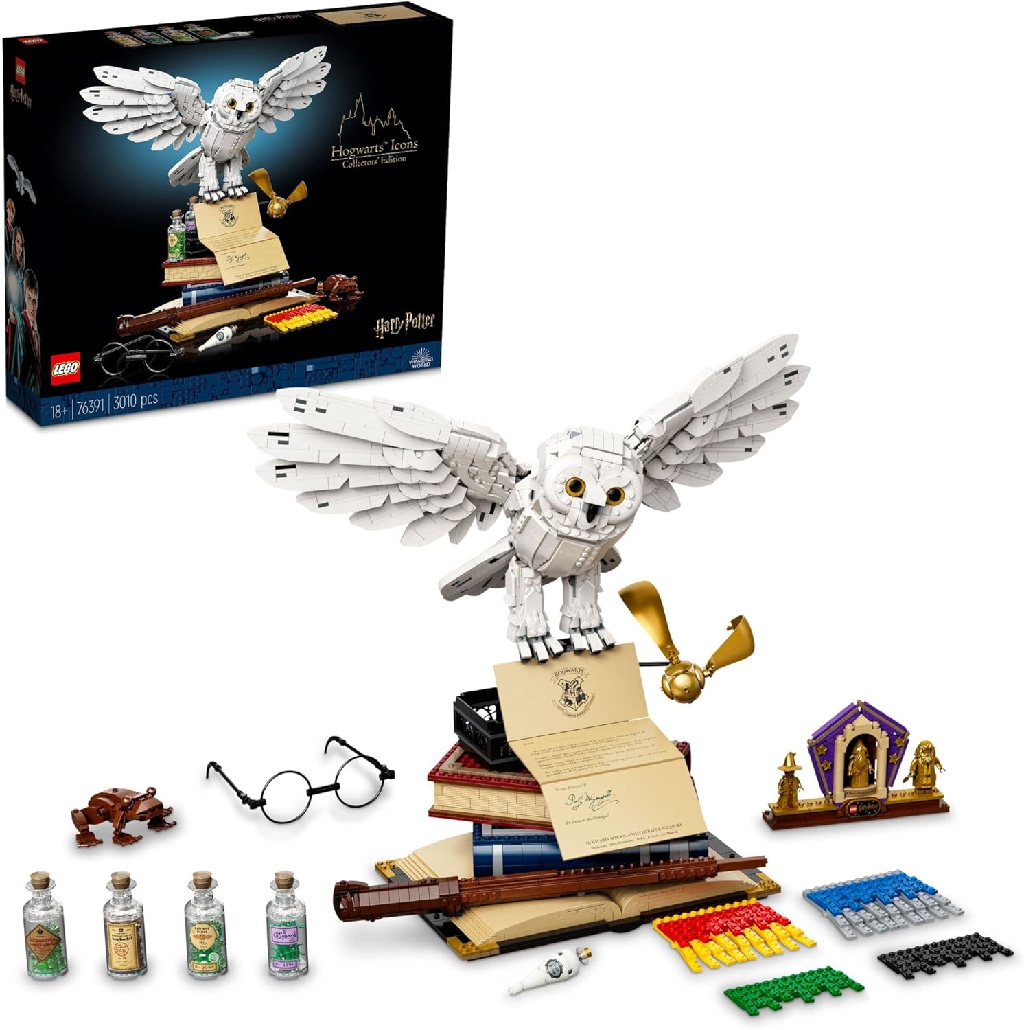 LEGO Harry Potter Hogwarts Icons - Collectors Edition 76391 20th Anniversary Collectable Hedwig Owl Model, with 3 Exclusive Golden Minifigures: Dumbledore, McGonagall and Hagrid; Great Gift Idea
